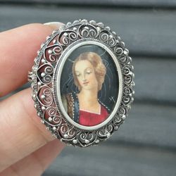 Antique Italian Real 800 Silver Filigree Hand Painted Portrait Pendant Brooch Signed  Jewelry Rare Vintage Estate Find Old 1
