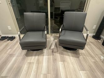 Set of 2 Gray Leather Swivel Accent Chairs