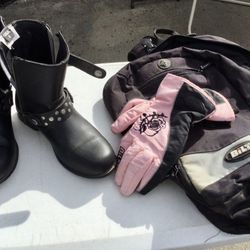 Motorcycle Boots, Gloves, Backpack 