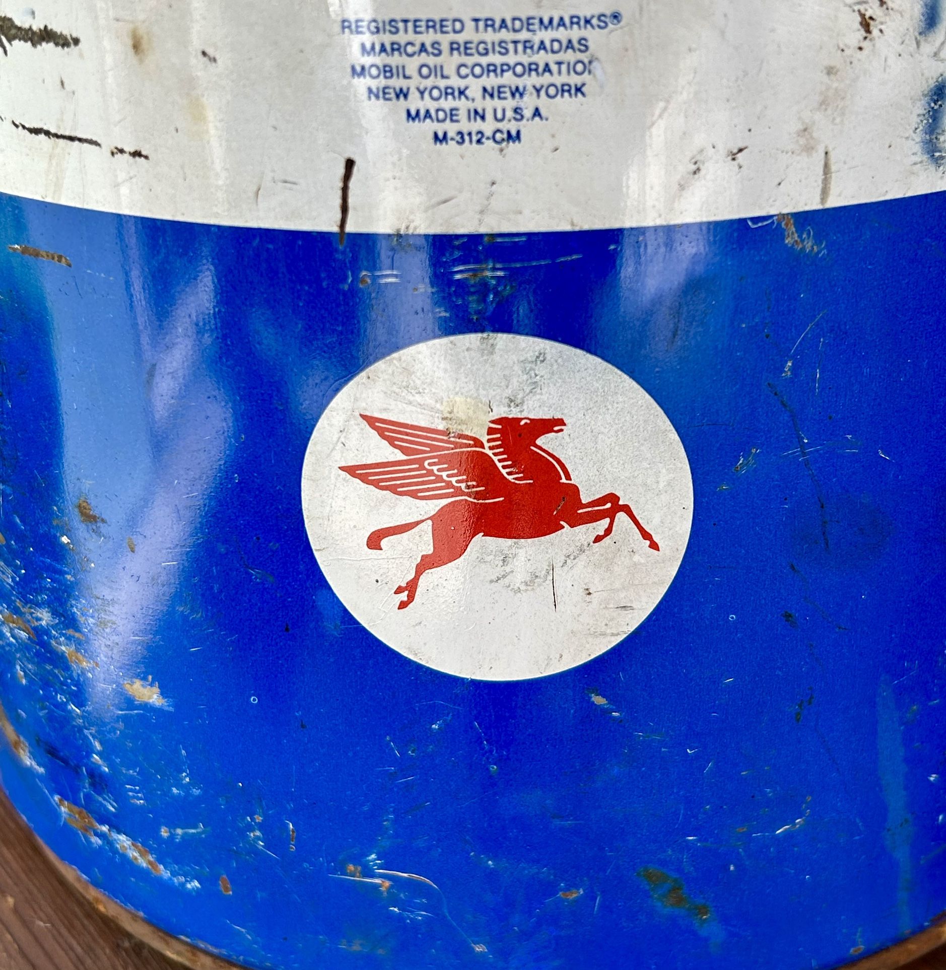 Vintage Mobil Motor Oil 5 Gallon Can w/Pegasus Graphic — Large Lube Oil Pump Can — 60’s