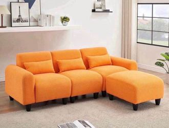 The 84.6 inch Orange Teddy Fleece Creative Sofa can be Assembled into a Two Seater Sofa with a Single Couch with Three Waist Pillows to Perfectly Stre