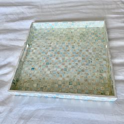 Square Mosaic Blue-Silver-ish Tile Tray 16”Wx16”H. 
