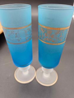 Pair of Vintage Frosted Teal & Gold Liqueur Glasses - Hearts & Flowers Set!