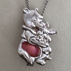 925 Sterling Silver Necklace Pendant,1” Bear panda & rabbit with pink ball Locket , changeable ball,18” sterling silver chain.