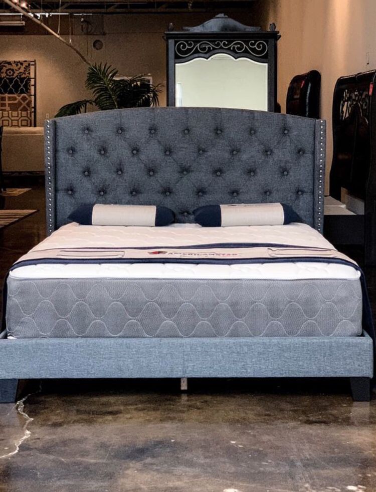 Queen size Smokey gray bed with mattress and free delivery $339