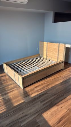Full size bed frame with slats and drawers