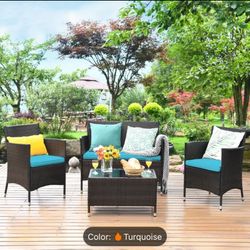 Brand New 4PCS Rattan Patio Ourdoor Furniture Set Cushioned Sofa Chair Coffee TableTurquoise