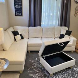 White Leather Sectional Couch And Ottoman 