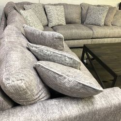 5 Piece Beige Pewter Upholstered L Shape Sectional/ Pillows Included/ Brand New/ Ashley Furniture 