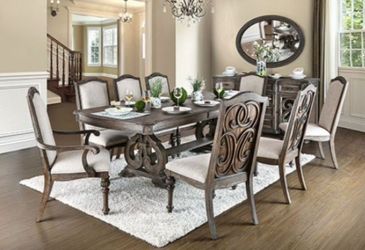 Brand New Rustic Natural Tone & Ivory 9pc Formal Dining Table Set