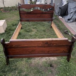 Solid Wood Queen Bed Frame – Rustic Dark Cherry Finish with Iron Detail 