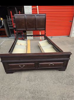 Queen size Dark Cherry Wood Sleigh Bed Frame with Storage Drawers