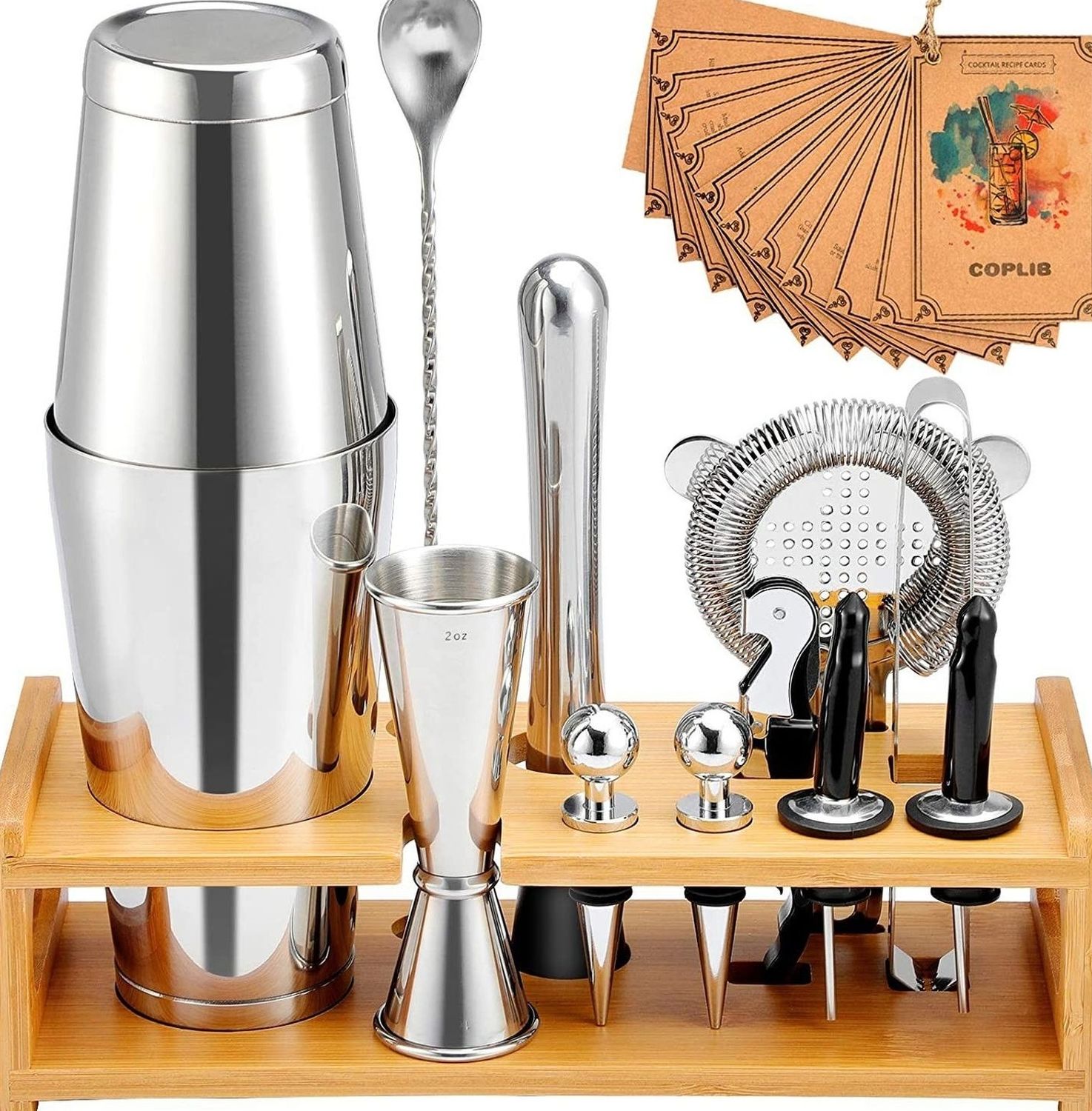 13 Pcs Rustproof Bartender Kit Cocktail Shaker Set with Stylish Stand, 304 Stainless Steel Bar Sets with 18-25oz Thicker Shaker