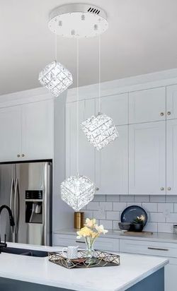 (Brand New in Box) 
3-Lights Pendants Lightfor Kitchen lsland Chandeliers Dining Room,Square Entryway Light Fixture Hanging Adjustable Height Silver C