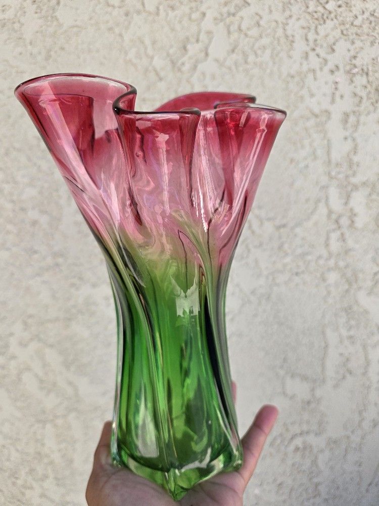 Vintage Watermelon Vase Hand Blown Art Glass Pink & Green Swirl