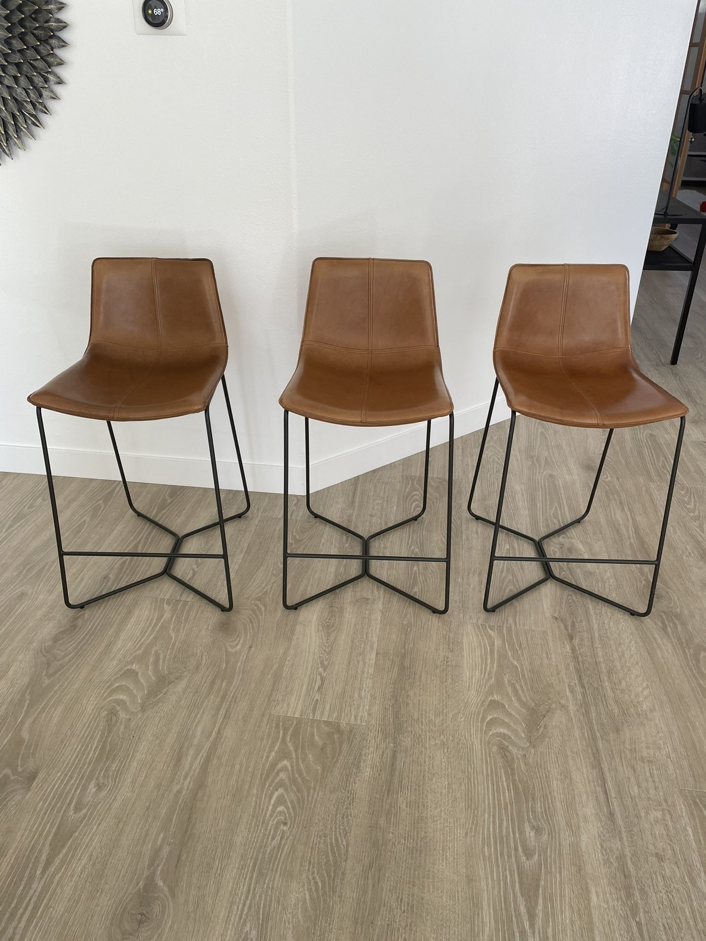 West Elm Slope Leather Counter Stools (Set Of 3)
