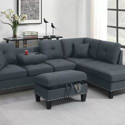 Dark Gray Sofa Sectional w/ Storage Ottoman & Dropdown Cup holder 