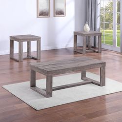 3Pcs set Grey Wood Veneer (AD) Coffee Table: 47.5"L x 23.8"W x 18"H End Table: 23.8"L x 23.8"W x 24"H DELIVER AVAILABLE 