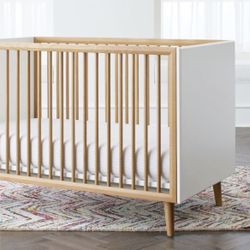 Crate and Barrel Mid Century Modern 3-1 convertible Spindle Crib With Serta Mattress