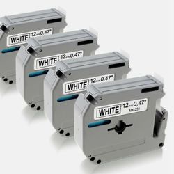 4-Pk/Pack Label Tape for Brother P-Touch eqv M231 M-K231 MK231 12mm Black/White