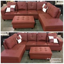 Brand New Red Leather Sectional With Storage Ottoman 