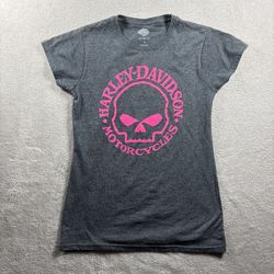 Y2K Harley Davidson Museum Women’s S Gray T-shirt Baby Doll Short Sleeve #2A
