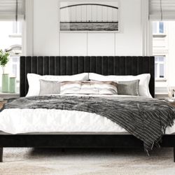 New King Size Bed Frame With Velvet Upholstered Headboard