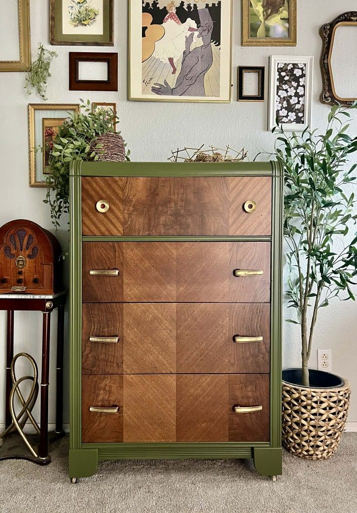 1930's olive green Art deco waterfall dresser with walnut and gold accents