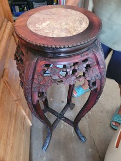 Chinese Carved Wood Pedestal Stand with Marble Top