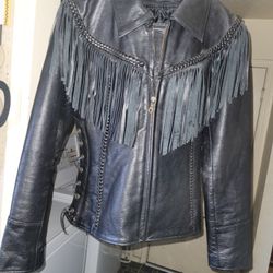 Himalaya Motor Bikewear Women's Size 8 Vintage  Black Leather/fringe Motorcycle Jacket VGC! 