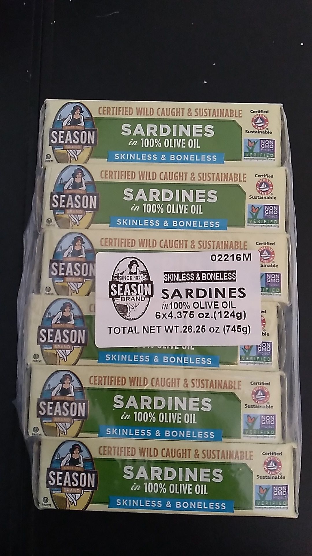 Sardines in 100% olive oil season brand 6 - 4.375 Oz cans expiration May 19th 2025 all for $5