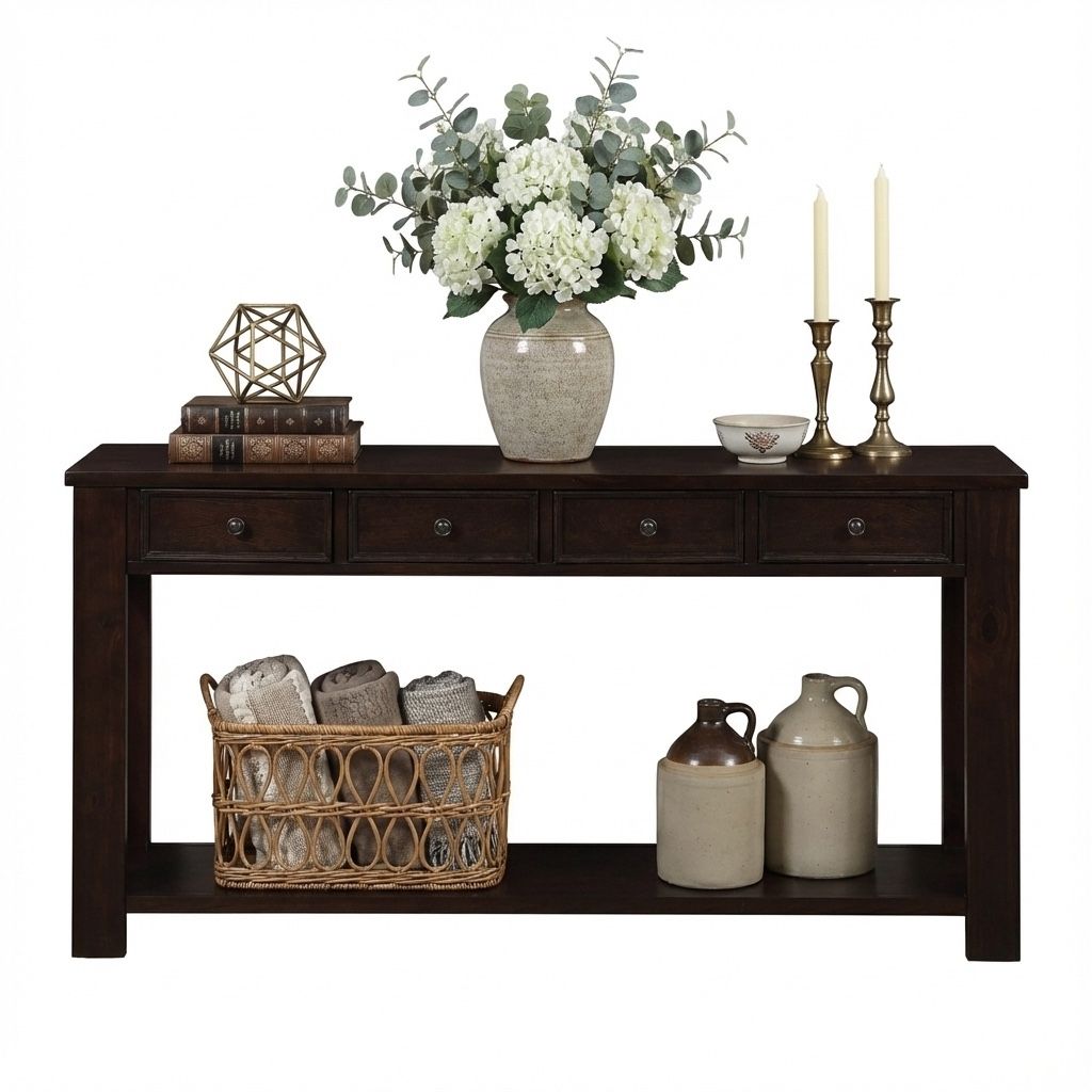 63" Pine Wood Console Table With 4 Drawers And 1 Bottom Shelf For Entryway Hallway Easy Assembly 63 Inch Long Sofa Table Light Espresso Light Espresso