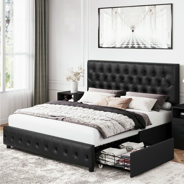 Queen Size Faux Leather Storage Platform Bed Frame, Queen Black Bed Frame with 4 Drawers, Upholstered with Adjustable 