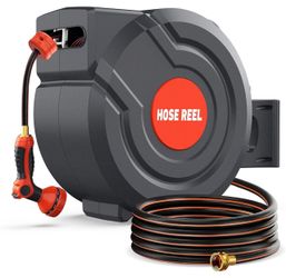 Retractable Garden Hose Reel 130 FT 1/2 Inch 180° Swivel Automatic Slow Return Any Length Lock Hose Reels for Outside 9 Pattern Sprayer Nozzle UV Resi
