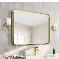 40 in. W x 32 in. H Rectangular Aluminum Framed Wall Bathroom Vanity Mirror in Gold