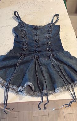 Denim Lace-Up Mini Dress with Frayed Hem