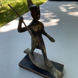 Vintage Egyptian Brass Statue Figure On Raft Spear Fishing 7.5”x2.5” On Wood Pharaoh King Tut