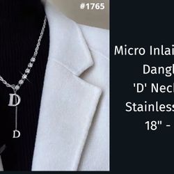 Dangling 'D' Necklace, Zircon & Stainless Steel, 21"