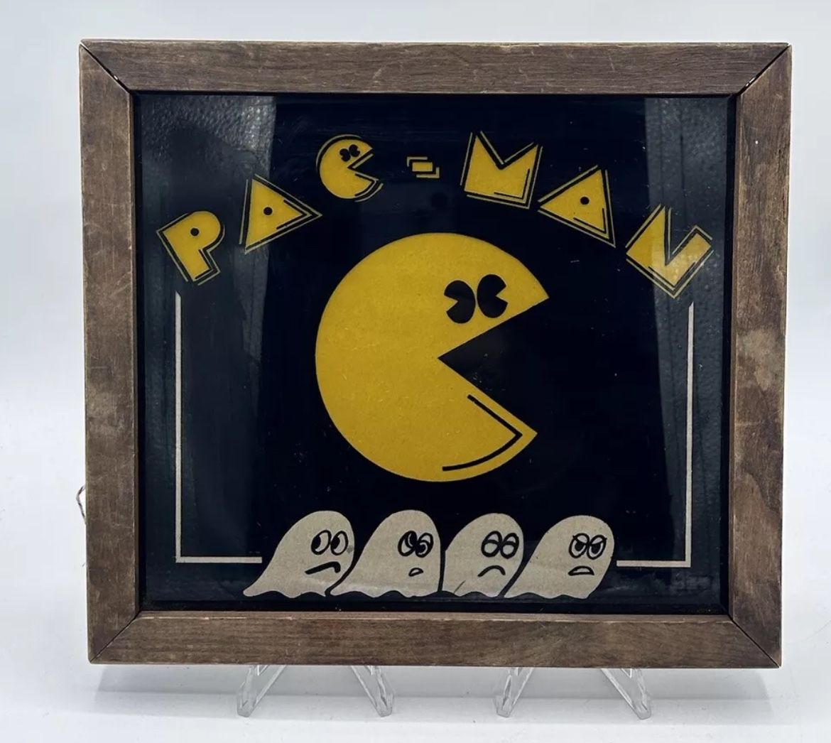 Vintage PAC MAN Carnival Glass Wood Framed Artwork 10x9" Rare *Damaged Frame*