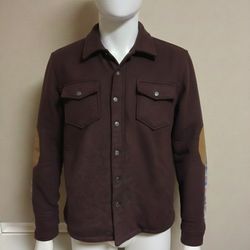 Bleecker & Broad M Quilted Shacket Wool Blend Maroon Tan Suede Elbow Patch