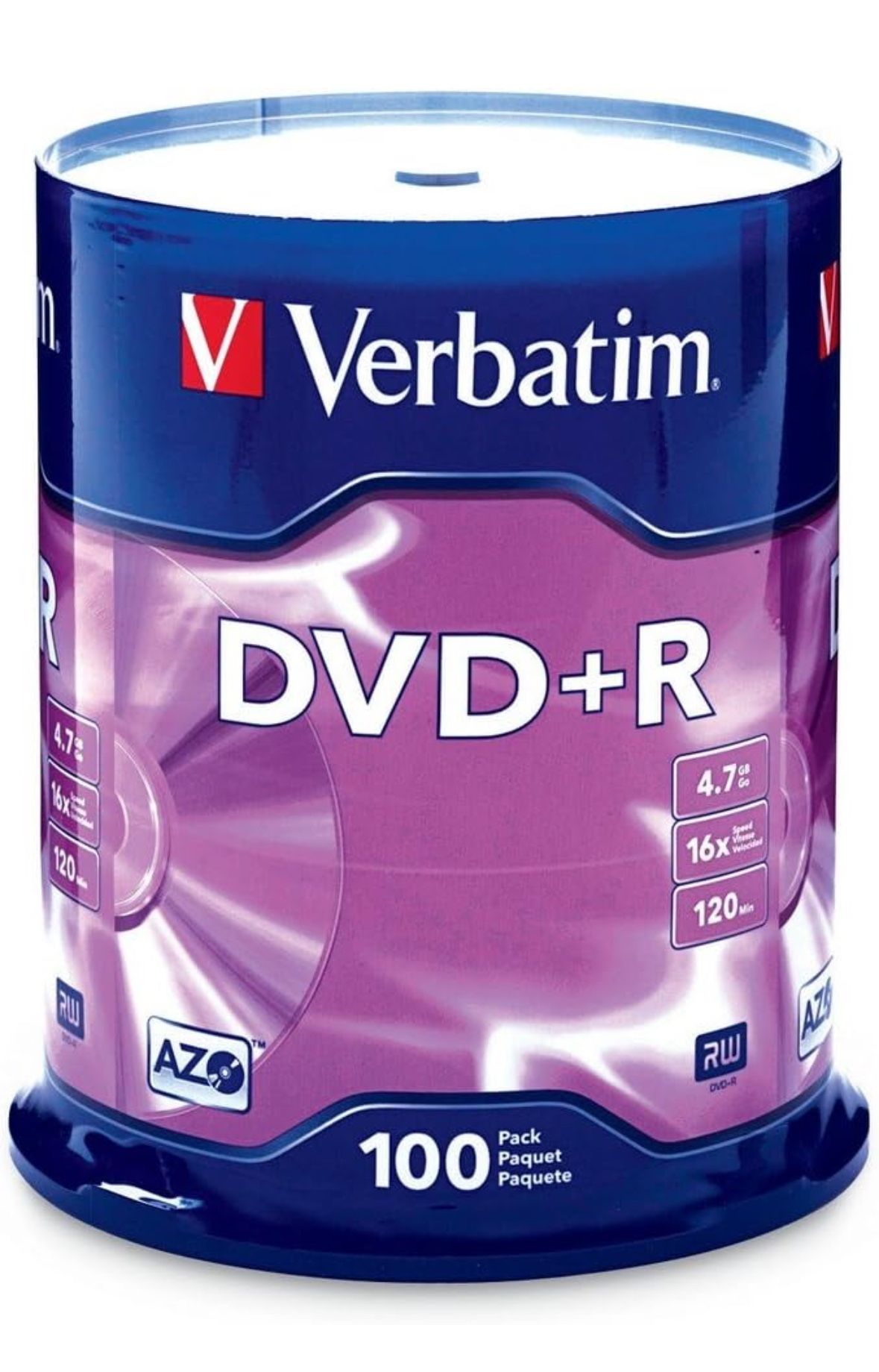 Verbatim DVD+R Blank Discs AZO Dye 4.7GB 16X Recordable Disc - 100 Discs Spindle Silver