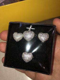 $1295- Ladies 14k White Gold Finished Silver 3 PC Set Ring, Earrings, Pendant