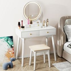  Vanity Table with Lighted Mirror, Vanity Desk with Stool-HAS SMALL CRACK ON MIRROR 