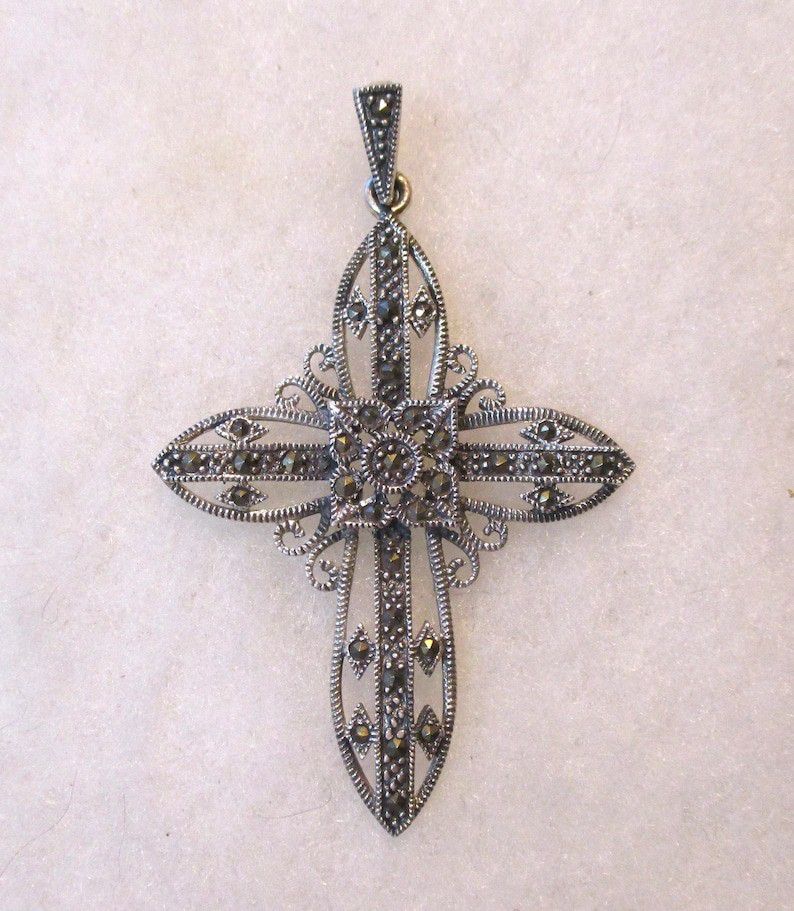 Vintage Signed "DBJ" 925 Sterling Silver and Marcasite Religious Cross Pendant, 52mm by 41mm, 1 Piece (CRMI

