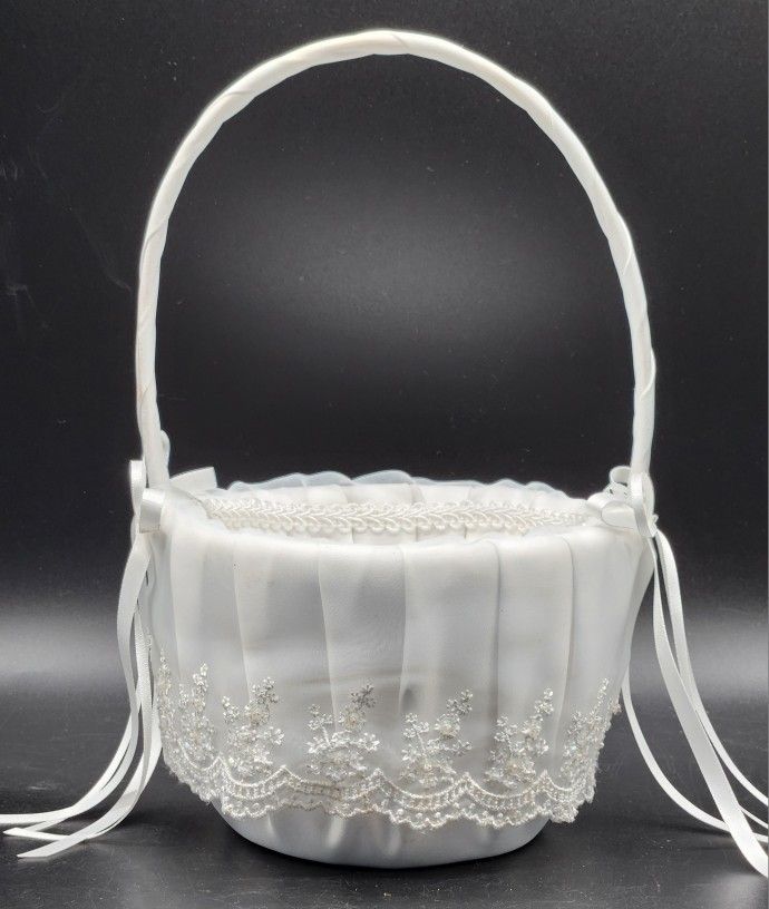 Satin Lace & Ribbon Embroidered Flower Girl Wedding Basket AND Glitter Flower Petals