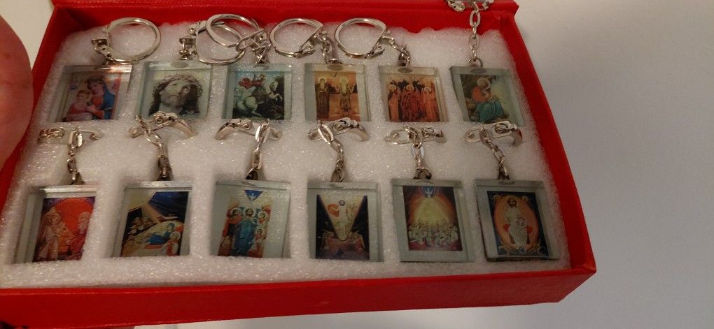 Brand Box Of Christian Saints Glass Keychain