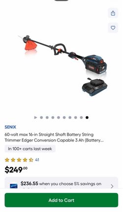 Senix 60V 16-in Straight Shaft Battery String Trimmer