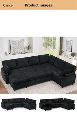 Black Modular U-Shaped Sectional Sofa with Pull-Out Sleeper and Storage Ottoman