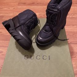 Gucci Nylon Calfskin GG Lace Up Platform Ankle Boot