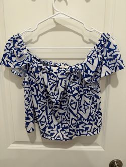 Zara TRF Off Shoulder Crop Top Size L Blue White Geometric Print